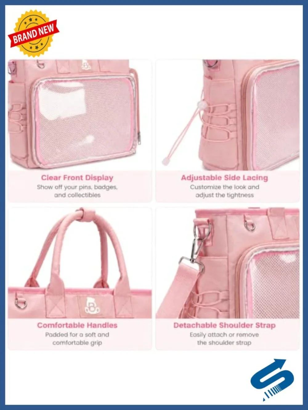 Ita Backpack with Large Transparent Window for Anime Pins, Crossbody or Tote,